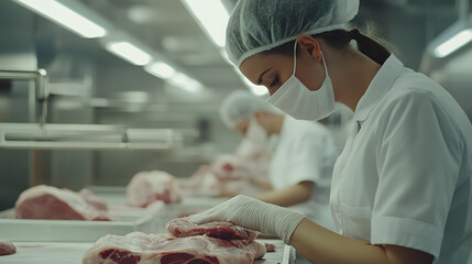 Female worker inspecting meat in a processing plant.