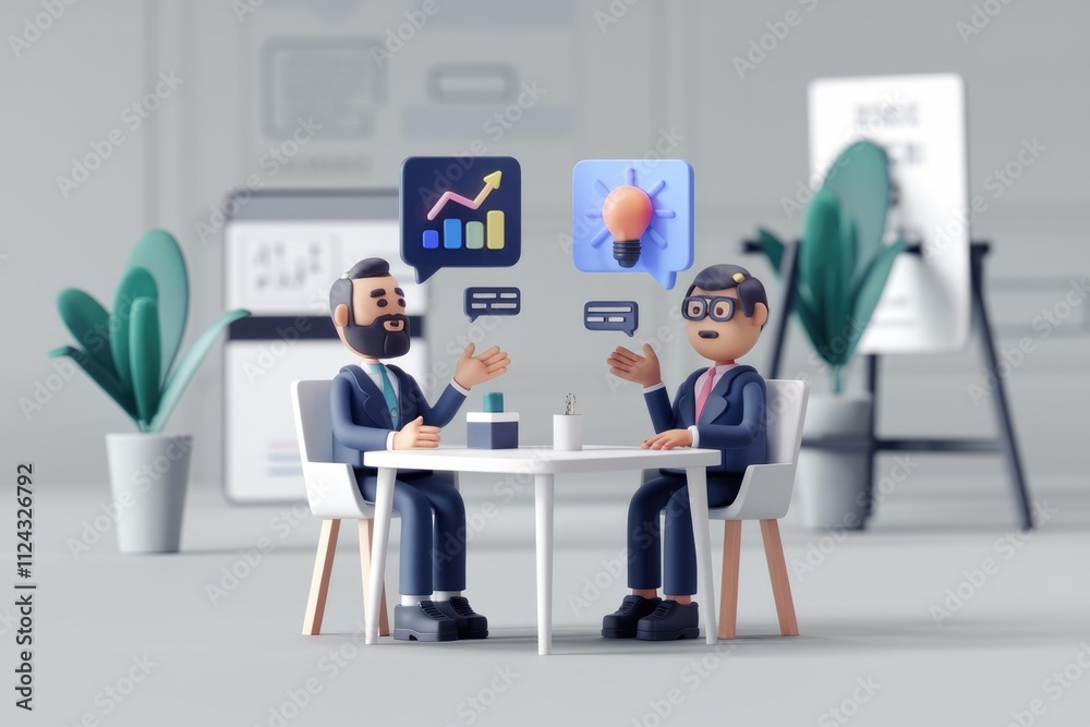 Poster Two businessmen discuss business strategy and new ideas using speech bubbles with graphs and lightbulb icons.