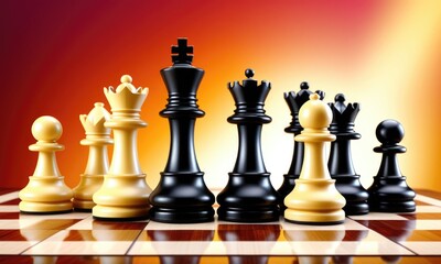 Elegant chess pieces on a wooden board with gradient background