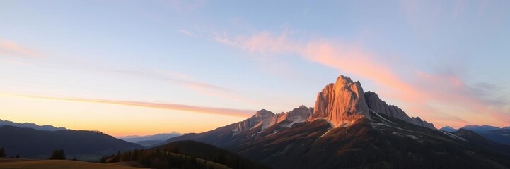 Naklejka premium Triglav mountain peak bathed in golden light at sunrise, as the sky transitions from dark blues to warm oranges and pinks, alpine, Slovenia