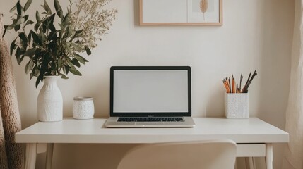 Minimalist Home Office Workspace with Laptop, Plants, and Decor