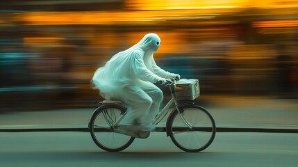 A cute white ghost riding a bicycle at full speed down a street, Photography design,


