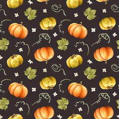 Pumpkins fall harvest watercolor seamless pattern on dark brown. Repeat hand drawn background with autumn orange yellow vegetables with leaves and white tiny flowers for organic farm markets designs