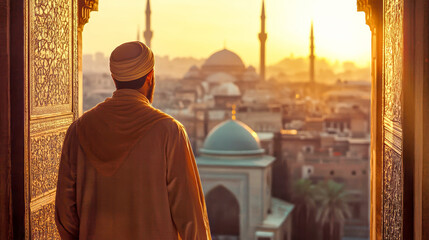 Man in traditional Muslim attire gazes at an ancient mosque as the golden hour envelops the historic cityscape