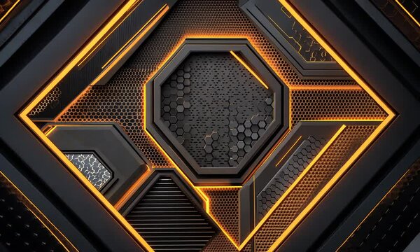 Abstract geometric black and orange honeycomb pattern with glowing lines.