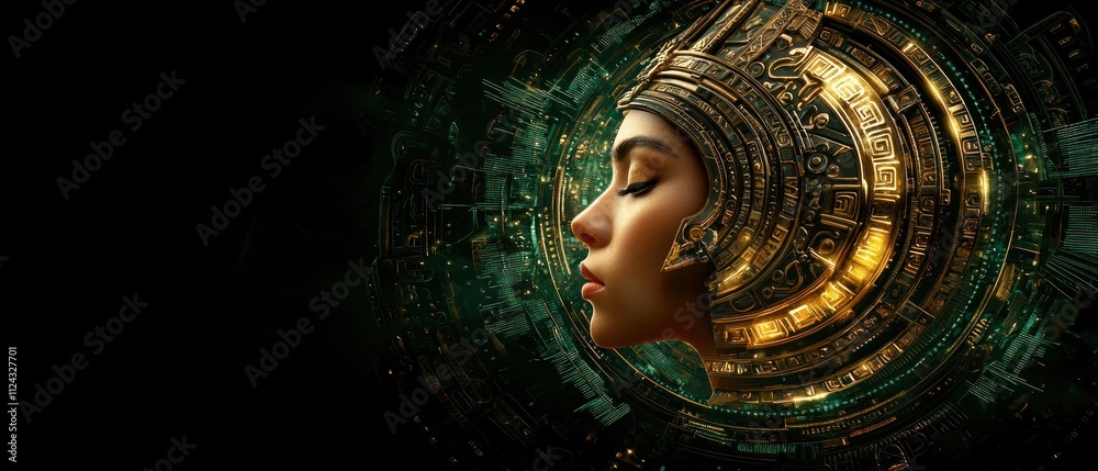 Poster futuristic goddess portrait digital art technology background mystical vibes blur background
