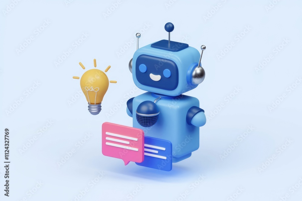 Aufkleber a friendly blue robot generates creative ideas, represented by a lightbulb and chat bubbles.
