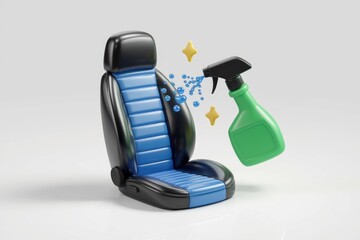 Obraz premium Cleaning a blue and black car seat with a spray bottle, sparkling clean.