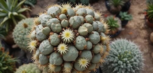 Obraz premium Overhead view of Astrophytum Asterias Akabana in a garden , cactus flowers, landscape photography