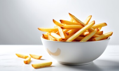 Crispy golden french fries in a white bowl on a light background