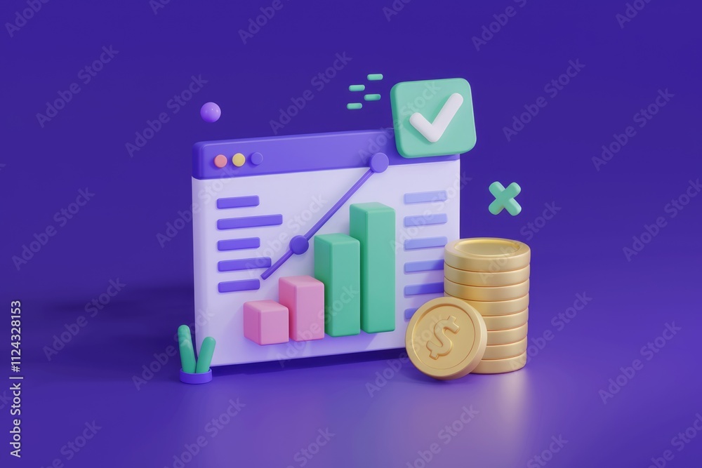 Aufkleber 3d illustration of rising bar graph with coins, symbolizing successful financial growth and online b