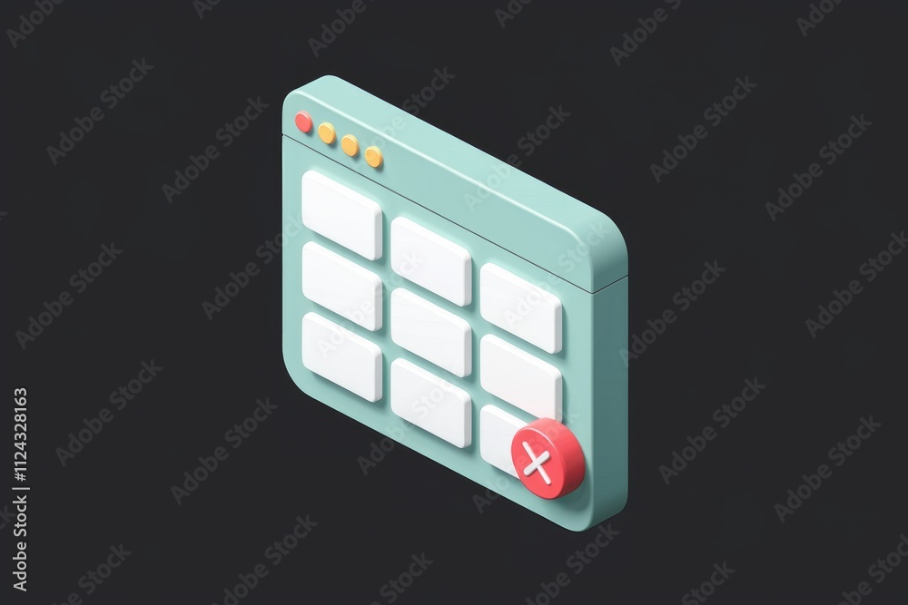 Aufkleber Isometric illustration of a webpage with a grid of empty boxes and a close button.