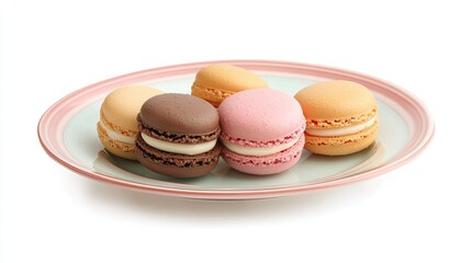 Obraz premium Colorful Macarons on a Plate Featuring Assorted Flavors in a Delicate Arrangement Perfect for Gourmet Treats and Elegant Dessert Displays for All Occasions