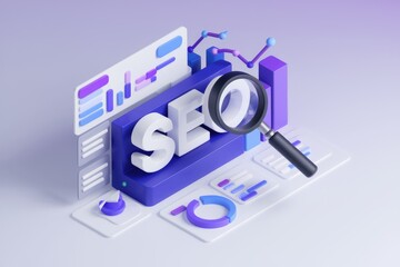 3D illustration of SEO optimization, analytics, and data analysis for website improvement.