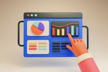 A 3D illustration of a hand interacting with a data dashboard showing charts and graphs, representing data analysis and visualization.