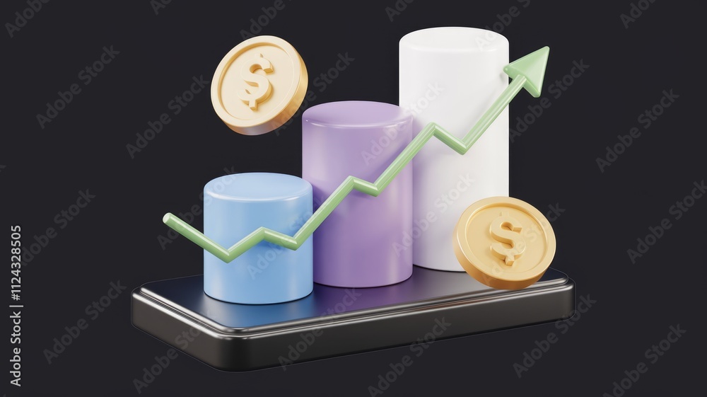 Poster 3d rendering of upward trending bar graph with dollar coins, signifying financial growth and investm