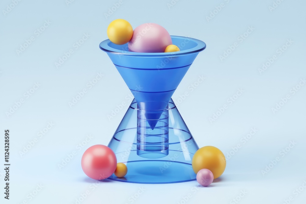 Poster Abstract 3D rendering of a blue funnel with colorful spheres representing a data filtering or sales funnel concept.