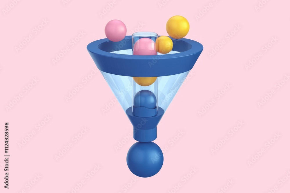 Poster abstract 3d illustration of colorful balls moving through a blue funnel, representing a process or f