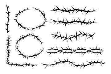 Thorn stem vine plant with spikes simple border y2k creepy branch. Barbed wire tattoo. Boundary frame. 