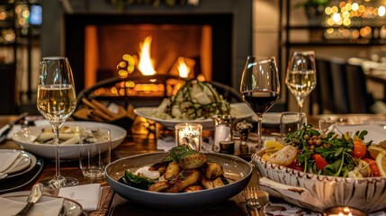 Cozy Christmas DinnerScene, Dining Table bathed in Warm Ambient Lighting, Piled with Sumptuous Fare, Fireplace Crackle Adding to Intimate Ambiance. 