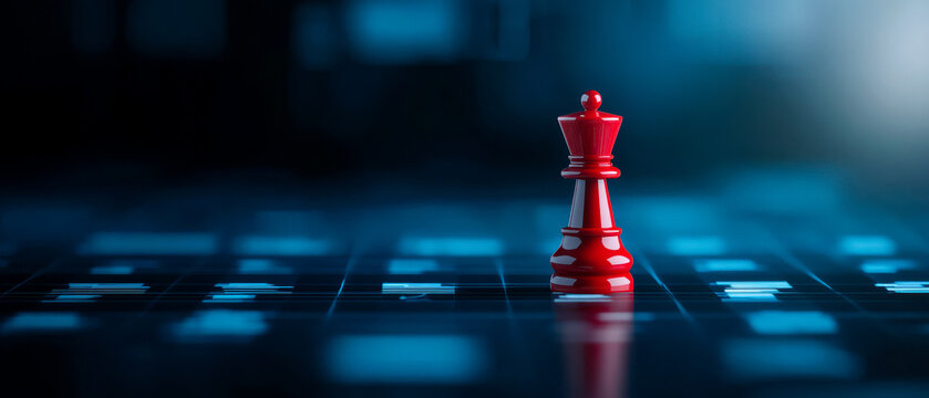 A close-up of a red chess king piece set against a dark, illuminated chessboard, symbolizing strategy and competition in a game of chess.