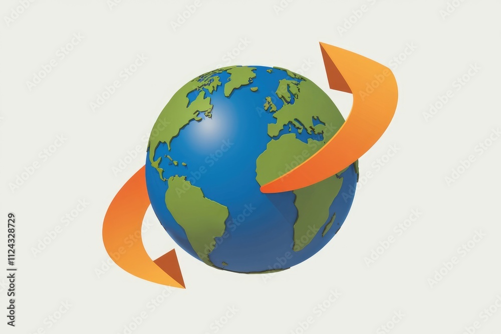 Poster A 3D globe encircled by two orange arrows, symbolizing global connectivity and rapid movement.