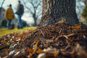 Obraz premium Close-up of soil and fallen leaves at the base of a tree in a serene park setting.