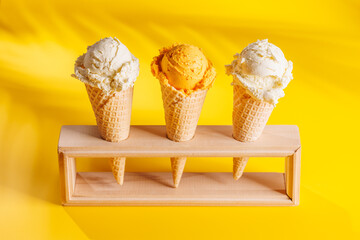 A refreshing ice cream cones set against a vibrant yellow background