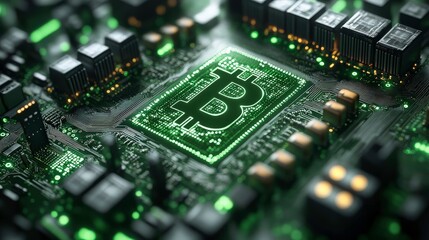 Close-Up View of Cryptocurrency Mining Motherboard with Bitcoin Symbol Illuminated by Green Lights, Designed for Digital Currency Transactions and Blockchain Technology