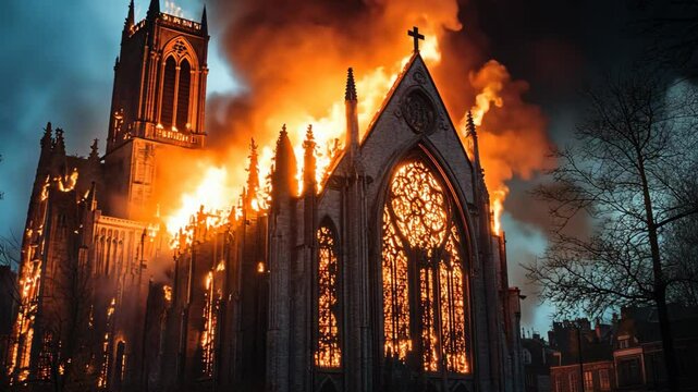 an ancient European style church burning in flame 
