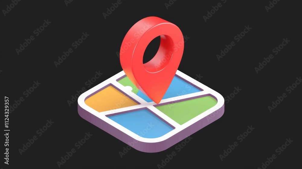 Leinwandbilder 3D rendering of a red location pin on a colorful map, symbolizing navigation and location services.