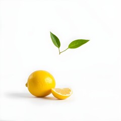 Lemon with green leaves on a white background. Isolated.