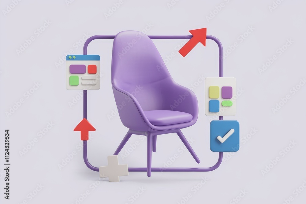 Poster purple chair surrounded by digital interface elements symbolizing online services and accessibility.