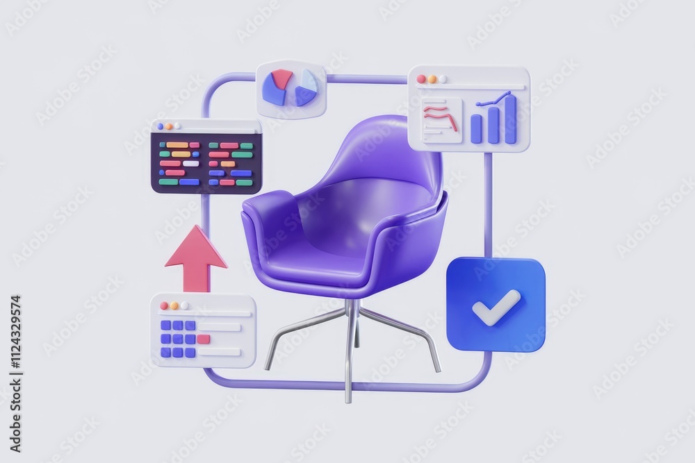 Aufkleber Purple chair surrounded by digital interfaces symbolizing productivity and task management.
