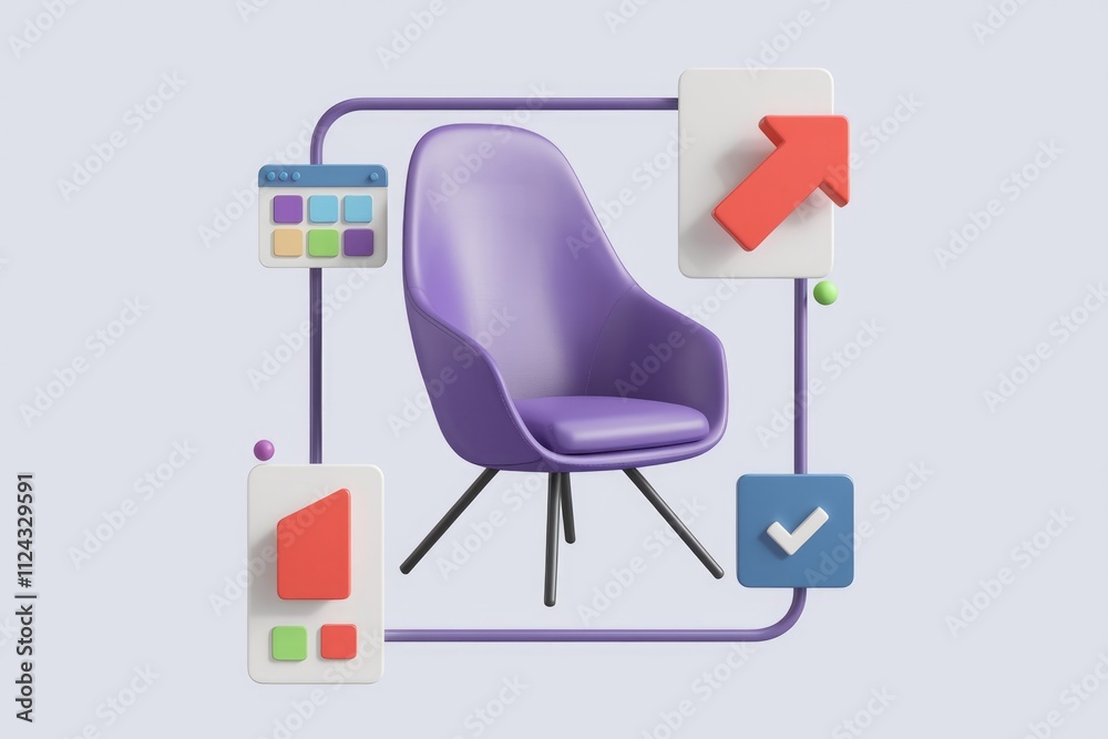 Poster purple chair surrounded by colorful 3d interface icons, symbolizing productivity and design.