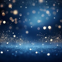 Fototapeta premium Dark blue winter-themed background with glowing bokeh lights and glitter texture.