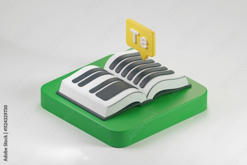 Leinwandbilder a 3d rendered image of an open book with a yellow speech bubble indicating 'te' suggesting a languag