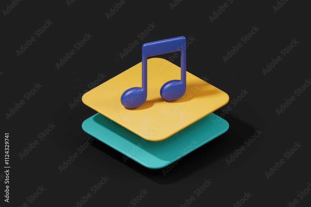 Poster 3d rendered musical note icon on layered colorful squares, representing music and audio.