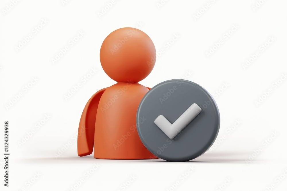 Poster 3D render of an orange person icon with a grey checkmark, symbolizing approval or verification.