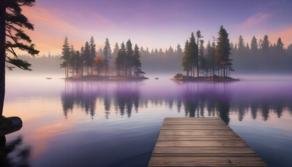 Obraz premium Foggy morning on the lake with wooden pier. 3d rendering