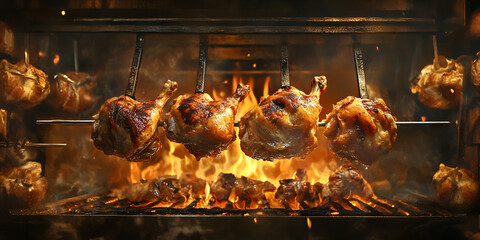 Grilled Rotisserie Chicken with Flames Barbecue Cooking Concept