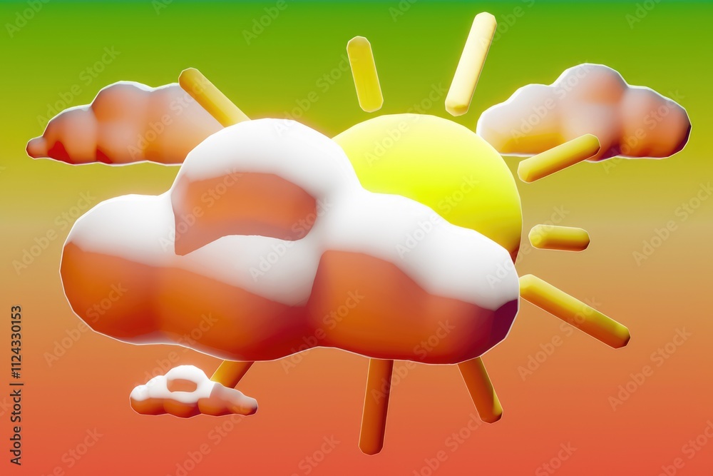 Poster a stylized 3d rendering of a sun peeking through fluffy clouds, creating a cheerful, cartoonish weat