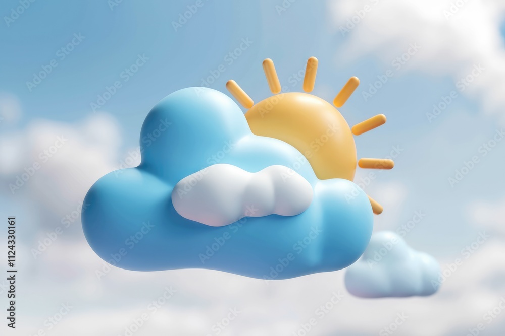 Aufkleber a cheerful 3d rendering of a sun peeking behind a fluffy blue cloud, symbolizing a sunny day.