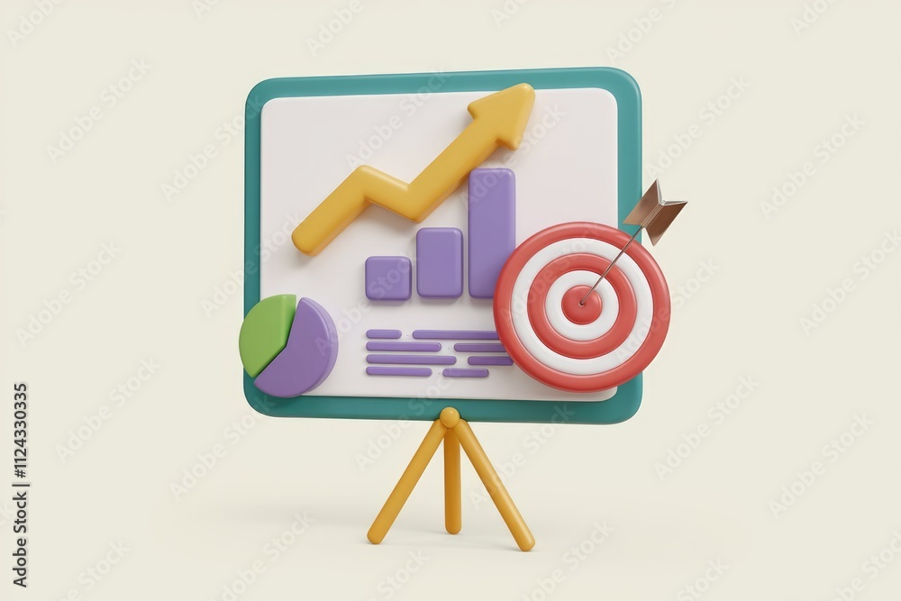 Poster 3D render of a whiteboard showing graphs, charts and a target with an arrow, symbolizing achieving goals and business success.