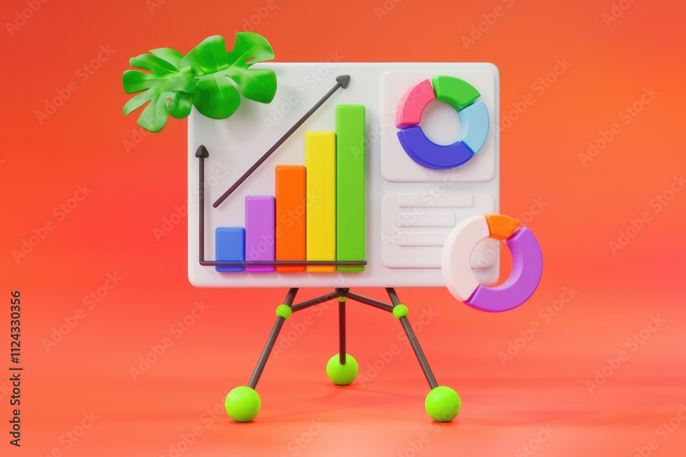 Aufkleber Colorful 3D rendering of a whiteboard displaying bar and pie charts, illustrating growth and data visualization.