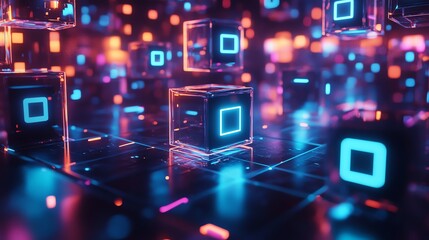 A 3D rendering of a glowing neon blue square inside a glass cube.