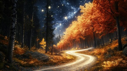 Serene Autumn Pathway Through a Magical Forest Under a Starry Sky with Glowing Leaves and Reflections of Light on the Winding Road