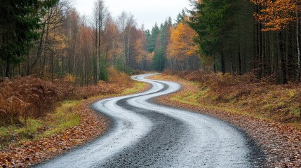 Fototapeta premium Serpentine Road Through Autumn Forest with Golden Foliage and Moody Atmosphere on a Rainy Day in a Tranquil Natural Landscape