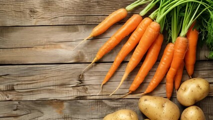 carrots and potatoes on the wooden table background with copy space