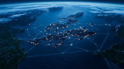 A stylized nighttime satellite view of islands interconnected by glowing lines representing a network, set against a dark blue ocean and sky.